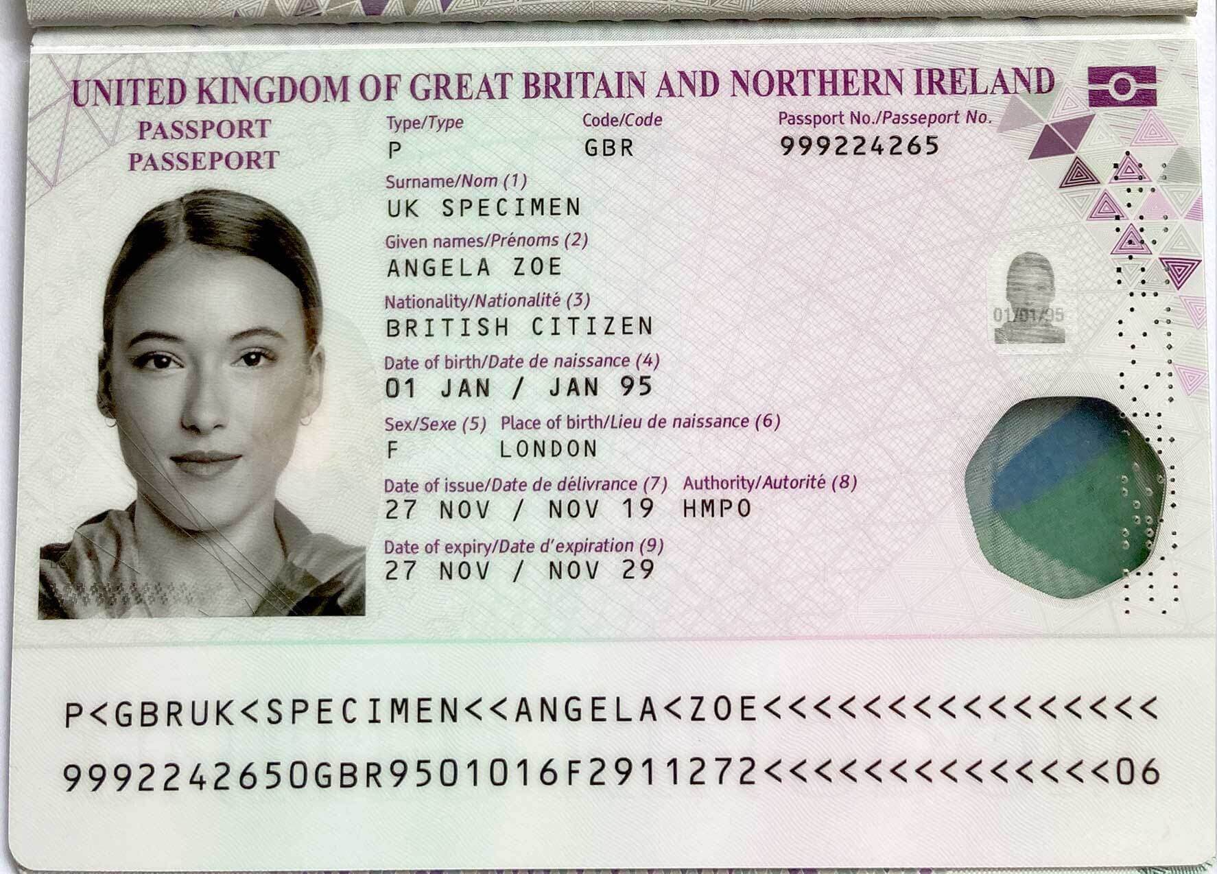 Example of a complete passport biographic page